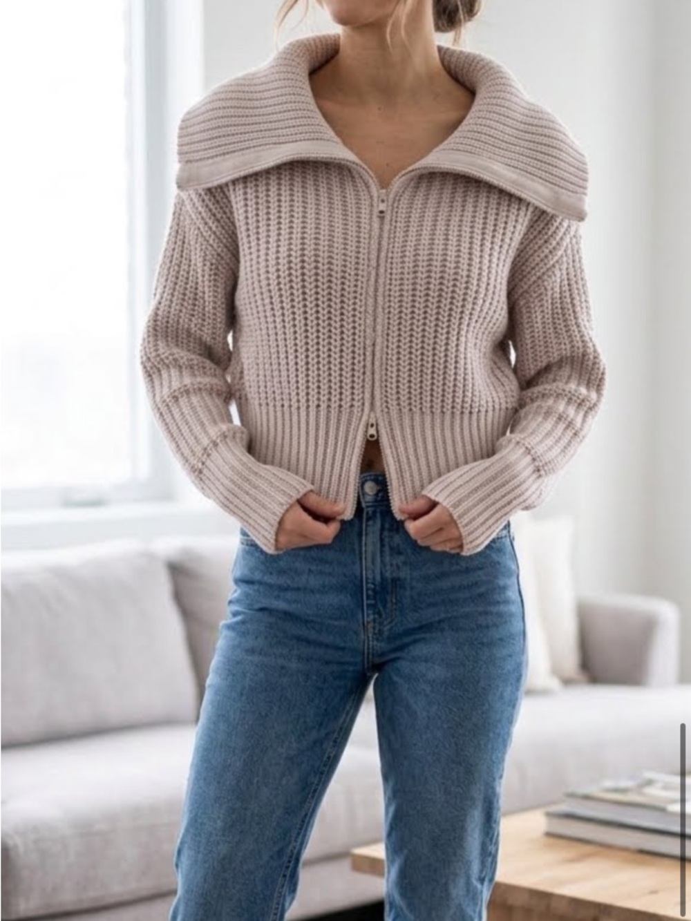 aerie Fold-Over Collar Ribbed Zip Cardigan - Taupe